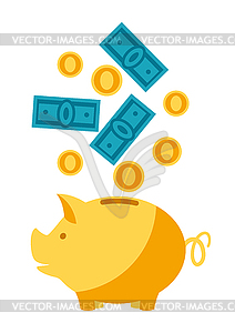 Piggy bank and money - vector clipart