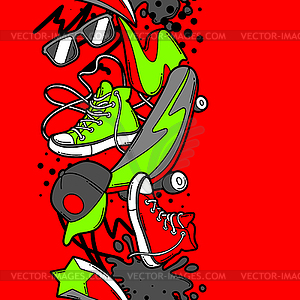 Seamless pattern with cartoon sneakers, skateboard - vector clip art