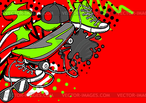 Background with cartoon sneakers, skateboard and - vector clipart