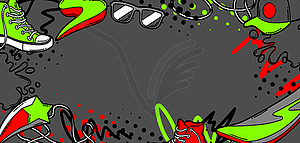 Background with cartoon sneakers, skateboard and - vector clip art