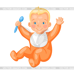 Cute little baby with spoon - color vector clipart