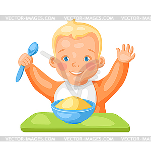 Cute little baby with plate of porridge - vector clip art