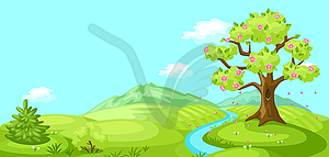 Spring landscape with trees, mountains and hills - vector clip art