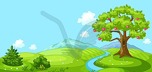 Summer landscape with trees, mountains and hills - vector clipart