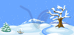 Winter landscape with trees, mountains and hills - vector clip art