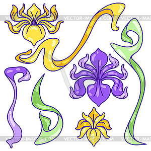 Set of iris flowers. Art Nouveau vintage style - vector clipart