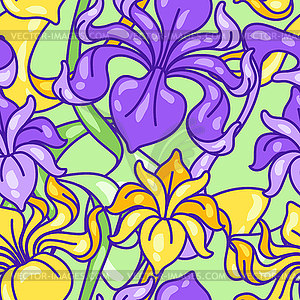 Seamless pattern with iris flowers. Art Nouveau - vector image