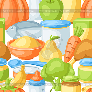 Seamless pattern with baby food items - royalty-free vector clipart