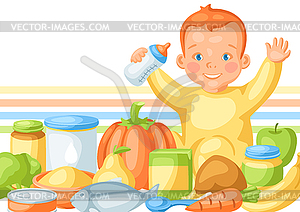 Background with cute little baby and food items - vector clipart