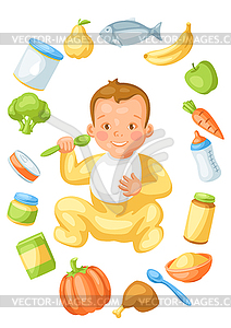 Background with cute little baby and food items - vector image