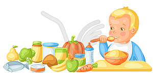 Background with cute little baby and food items - vector EPS clipart