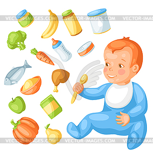 Background with cute little baby and food items - vector clip art