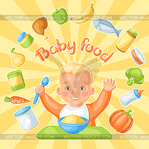 Background with cute little baby and food items - vector clipart