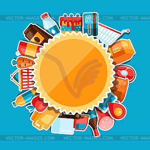 Supermarket background with food stickers - vector clipart