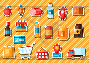 Supermarket food, selfservice and delivery stickers - vector clipart