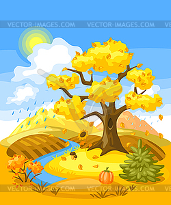 Autumn landscape with trees, mountains and hills - vector image