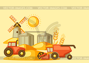 Harvesting background. Combine harvester, tractor - vector clipart