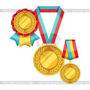 Gold medals with multi colored ribbon - vector clip art