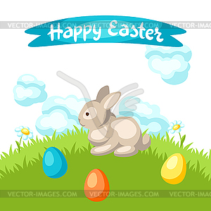 Happy Easter greeting card with holiday items - color vector clipart