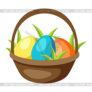 Happy Easter basket with eggs - vector image