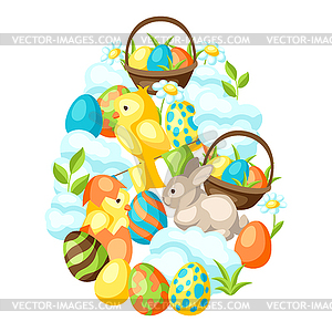 Happy Easter greeting card with holiday items - vector image