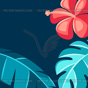 Background with hibiscus flowers and palm leaves - vector image