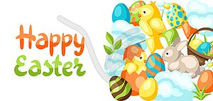 Happy Easter greeting card with holiday items - vector image