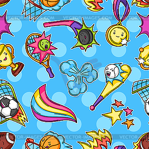 Seamless pattern with kawaii sport items - vector EPS clipart