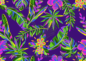 Seamless pattern with tropical flowers and palm - vector clip art