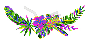 Декоративный элемент с тропическими цветами и пальмой - изображение в векторном виде