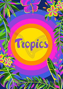 Background with tropical flowers and palm leaves - vector image