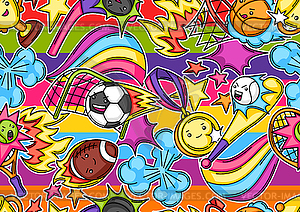 Seamless pattern with kawaii sport items - vector image