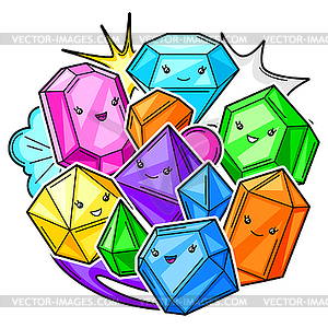 Background with cute kawaii crystals or gems - vector image