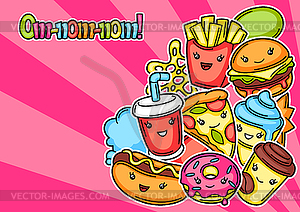 Background with cute kawaii fast food meal - vector image