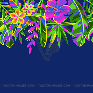 Бесшовный фон с тропическими цветами и пальмами - векторный рисунок