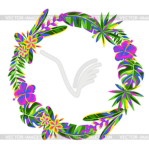 Decorative element with tropical flowers and palm - royalty-free vector clipart