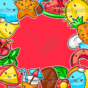 Frame with cute kawaii summer items - vector clipart