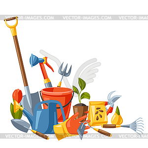 Background with garden tools and equipment - vector image