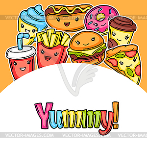 Background with cute kawaii fast food meal - vector image