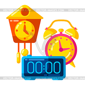 Background with different clocks. Stylized icons fo - vector image