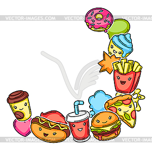 Frame with cute kawaii fast food meal - vector image