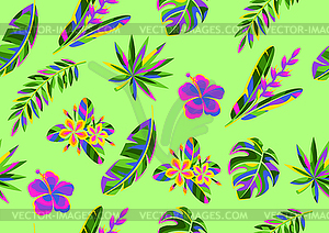 Бесшовный фон с тропическими цветами и пальмами - клипарт в векторе