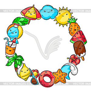 Frame with cute kawaii summer items. Vacation and - color vector clipart