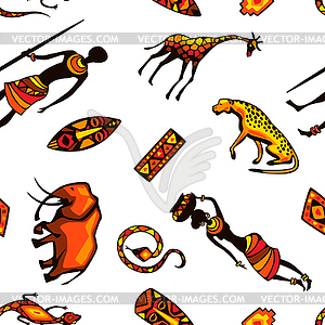 African ethnic seamless pattern. People, animals an - vector clip art