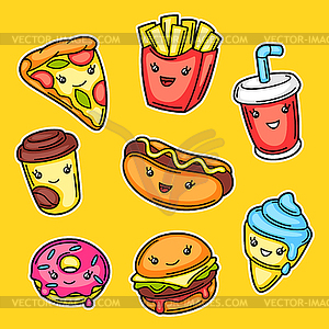 Set of cute kawaii fast food meal - vector clipart