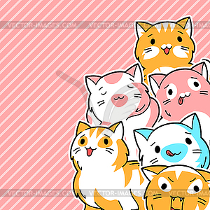 Background with cute kawaii cats. Fun animal  - vector clipart