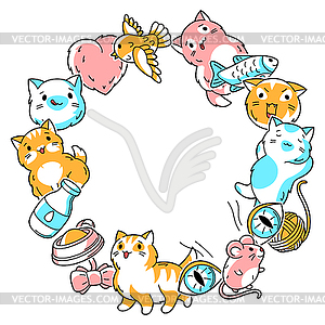 Background with cute kawaii cats. Fun animal  - vector image