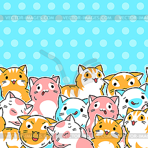 Seamless pattern with cute kawaii cats. Fun animal - vector clipart