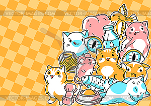 Background with cute kawaii cats. Fun animal  - vector image