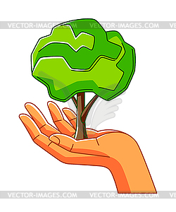 Hand holding green tree. Ecology concept for - vector clipart